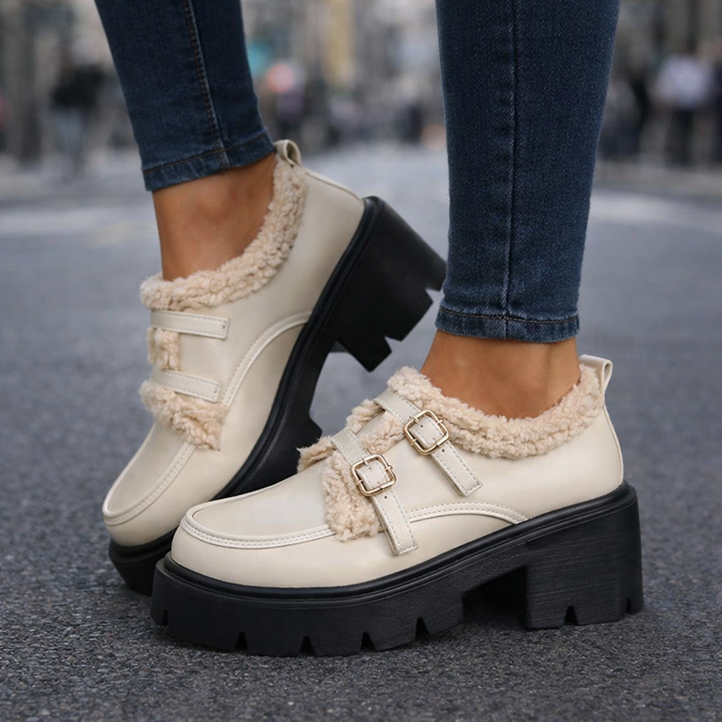 Comfortable women's leather platform buckle shoes with shearling lining, ideal for cold weather