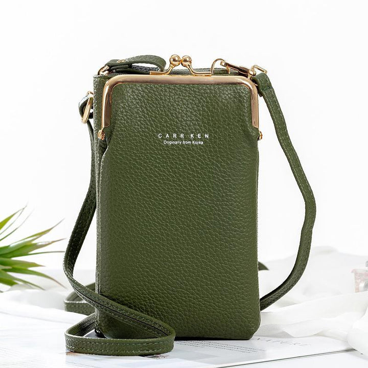 Open view of the women's phone purse, revealing the main compartment & small internal pocket