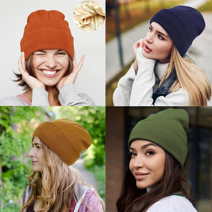 Side view of a women's blue satin-lined beanie, a warm and hair protective accessory