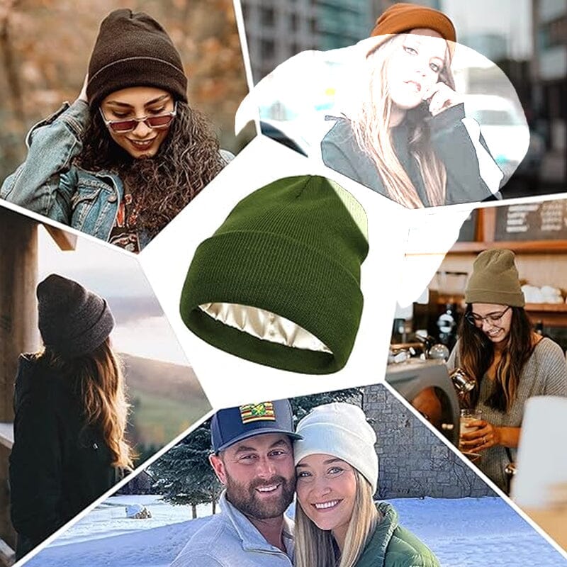 Grey knitted beanie with soft satin lining for women, perfect anti-frizz accessory
