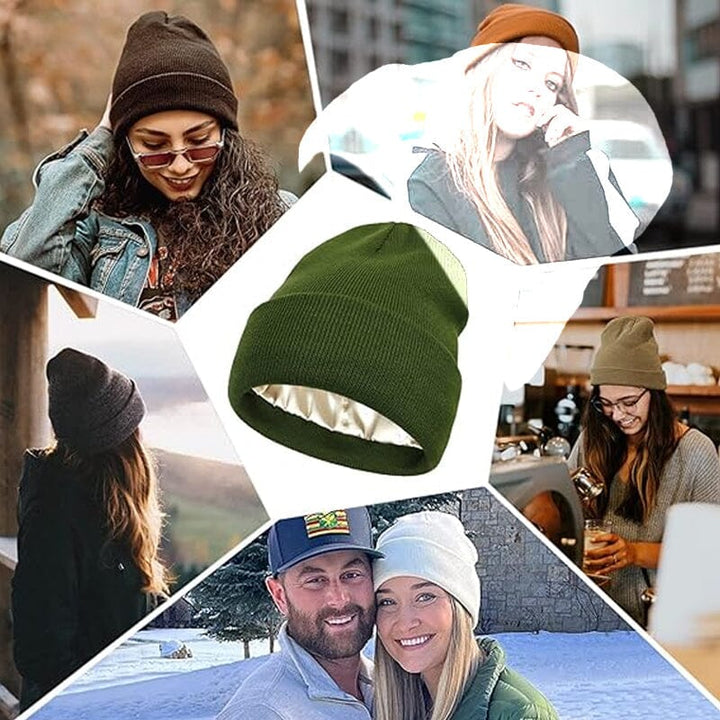 Grey knitted beanie with soft satin lining for women, perfect anti-frizz accessory