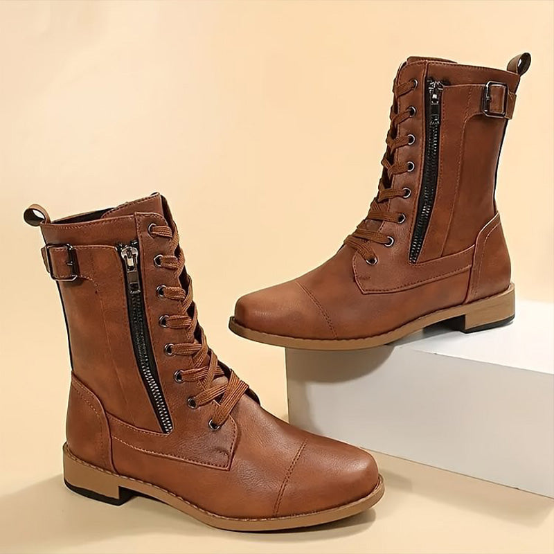 Women's black side-zip combat boots, rugged & stylish for fall fashion