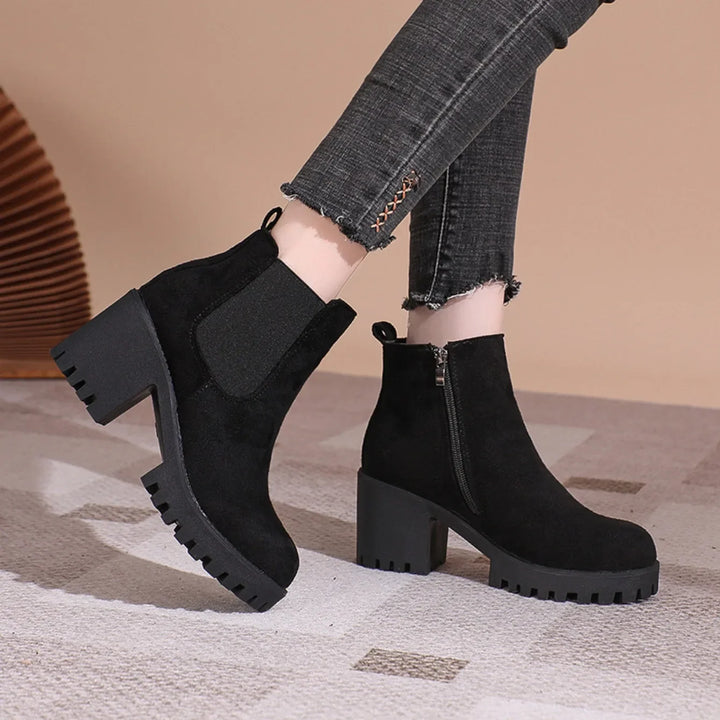 Stylish women's Chelsea boots in rich brown suede with a sturdy block heel for everyday wear