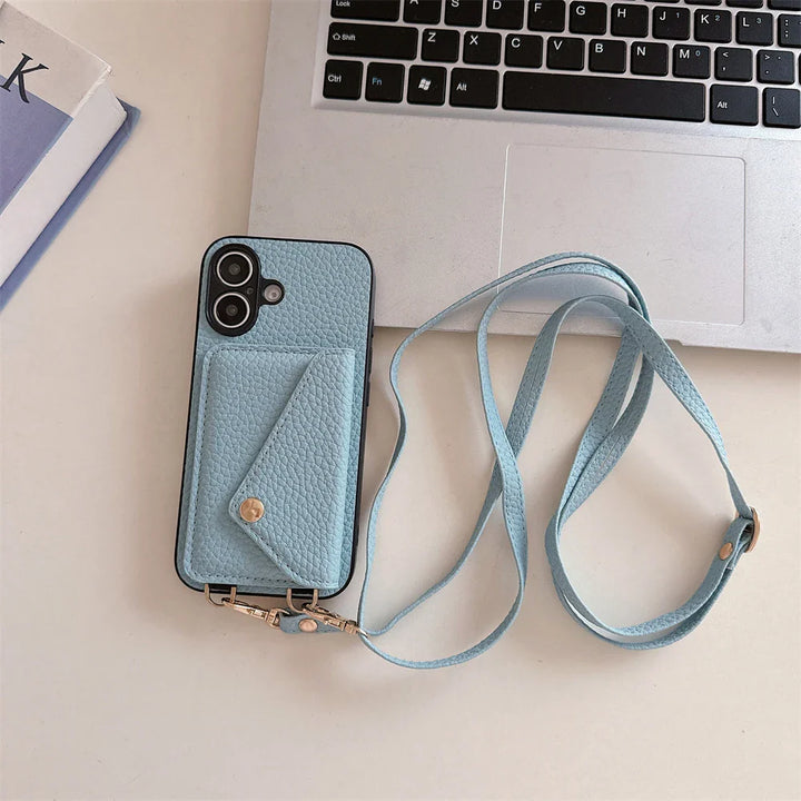 Stylish beige vegan leather lanyard phone case, a women's wallet accessory for iPhone
