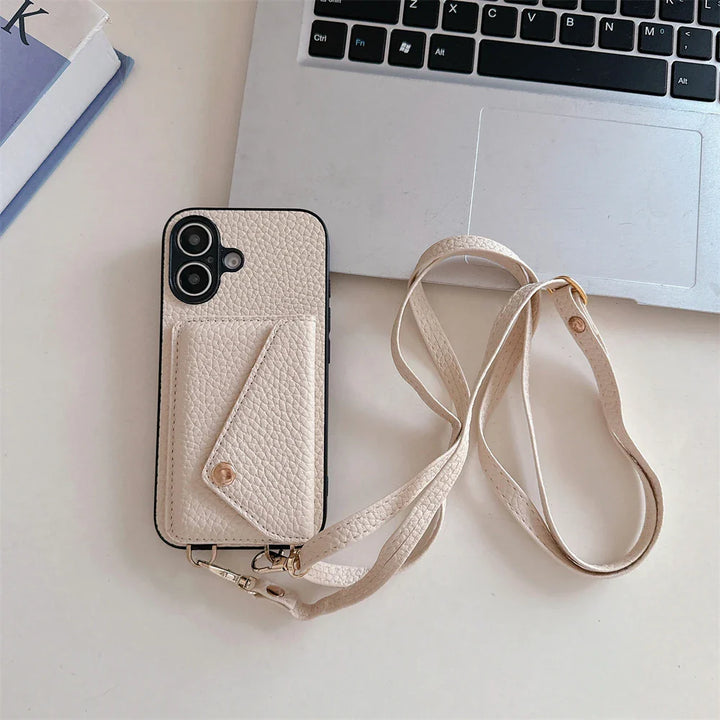 Side profile of a blue vegan leather phone case, showcasing wallet and lanyard for hands-free wear