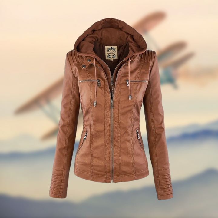 Stylish women's motorcycle jacket with silver zippers, perfect for an edgy fashion look