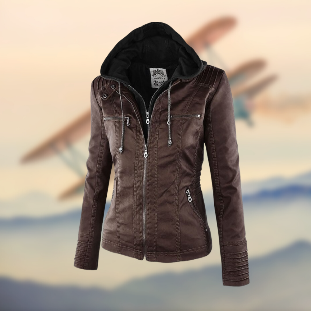 Close-up of a women's black zip-up biker jacket, highlighting the quality and design details