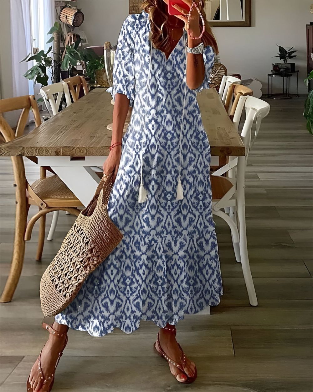 Women's bohemian flowing midi dress, perfect for summer beachwear with a relaxed fit.