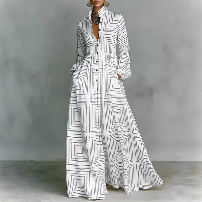 Women's Bohemian printed maxi dress with elegant long sleeves, perfect for casual spring fashion.