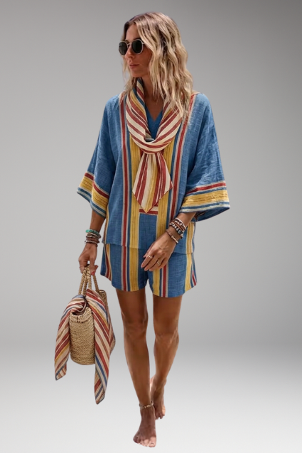 Trendy women's boho embroidered V-neck top and shorts set. Stylish, relaxed fit for summer fashion.