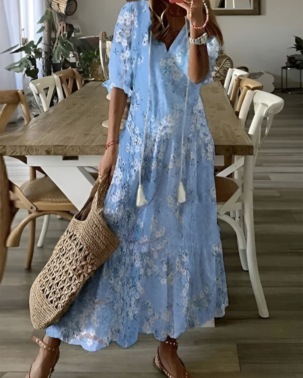 Elegant women's floral boho maxi dress, great for summer vacations, beach outings, or party wear.