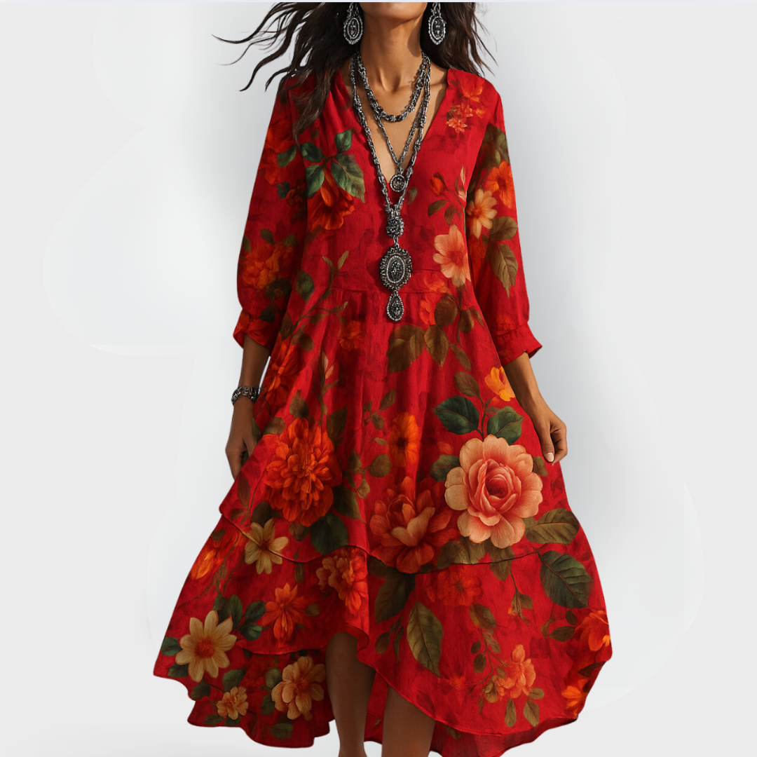 Flowy women's boho floral midi dress, tiered design, V-neck, 3/4 sleeves. Ideal for summer casual fashion.
