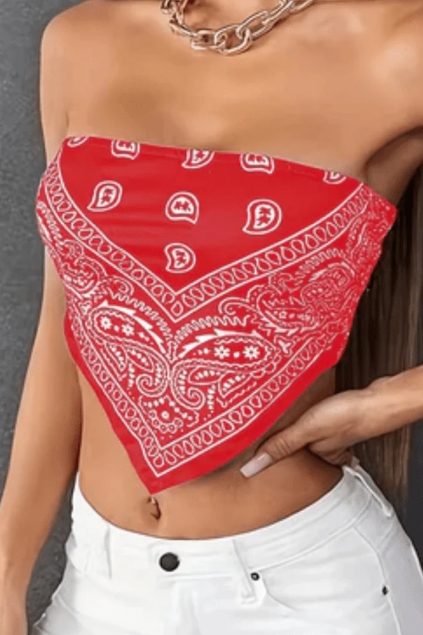 Women's bold paisley print bandeau tube top. Strapless, trendy summer fashion perfect for vacation or casual wear.