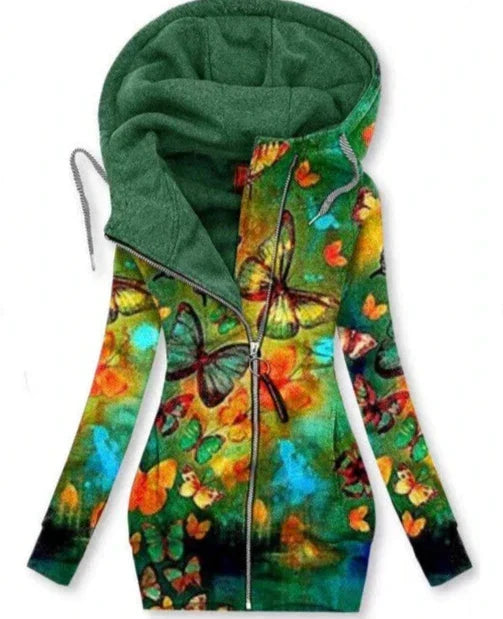 Stylish Alina women's butterfly art cardigan with unique design & elegant contrast trim. Perfect fall fashion outerwear.