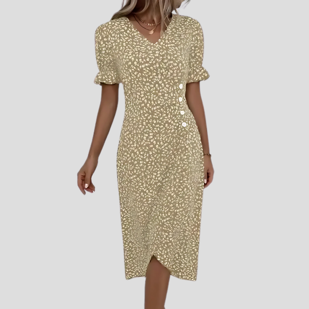 New women's button front floral midi dress, a trendy spring fashion piece with puff sleeves.