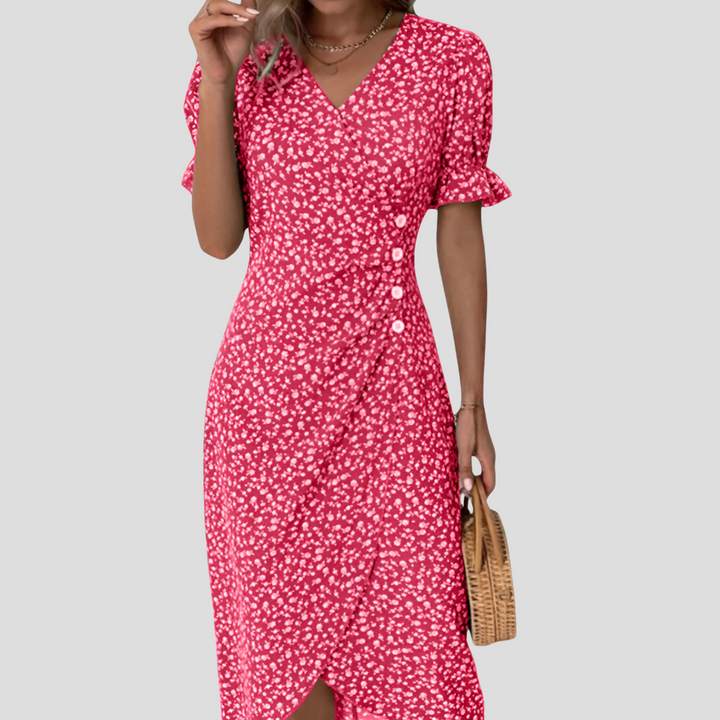 Casual women's floral midi dress with a button front, V-neck, and puff sleeves, perfect for daily wear.