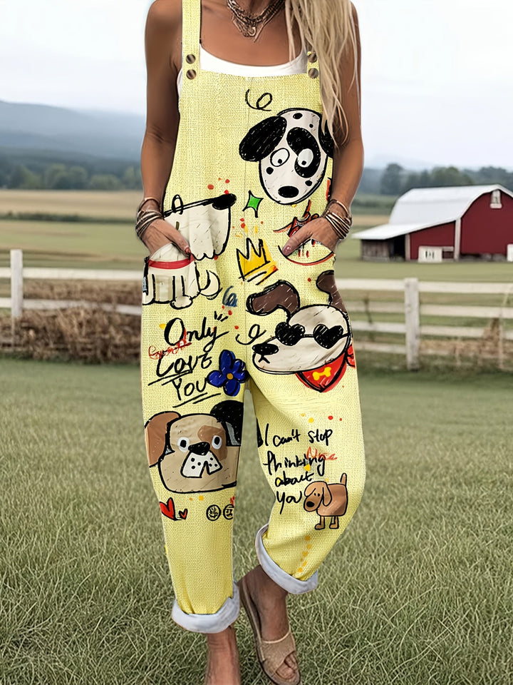 Playful women's dog print wide leg jumpsuit, perfect for casual summer fashion.