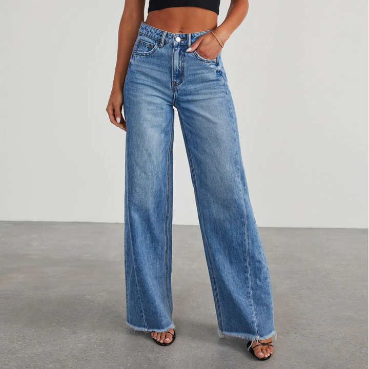 Women's casual blue wide-leg high-waisted jeans, perfect for comfortable and fashionable everyday wear.