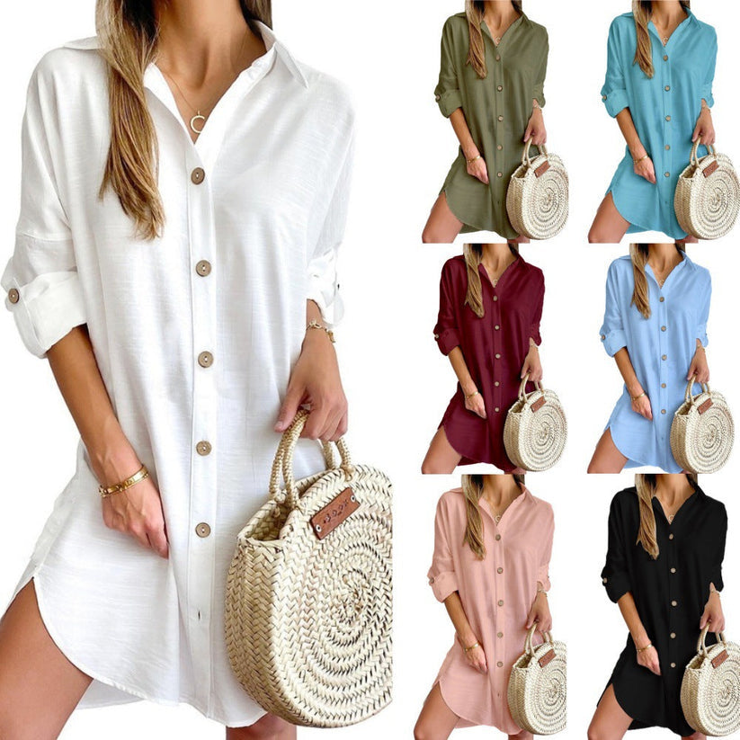 Women's casual button-down shirt dress, a versatile oversized style for easy summer fashion.