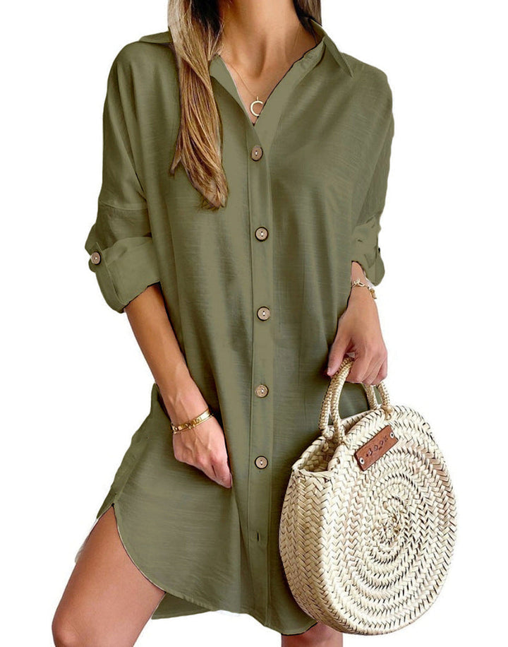 Elegant yet casual women's button-down dress, an essential oversized summer outfit. Day dress style.
