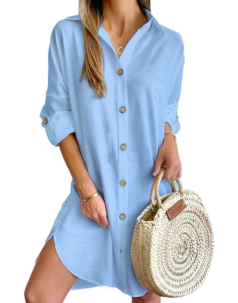 Women's button-down shirt dress with roll-tab sleeves, offering lightweight summer style & comfort.