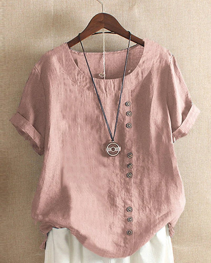 Comfortable relaxed fit women's tunic top, short sleeve, button-front, round neck, perfect for casual summer.