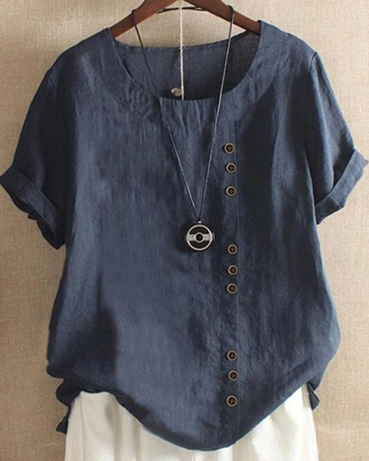 Chic women's casual button-front short-sleeve tunic top with a round neck, perfect for summer outfits.
