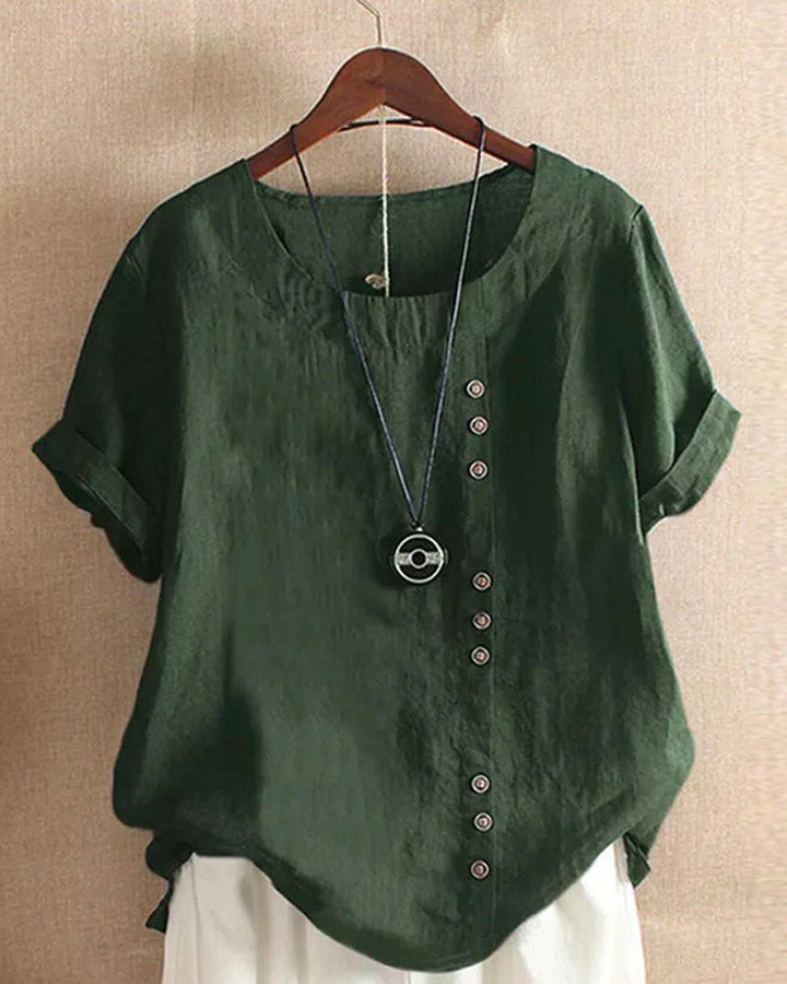 Lightweight women's casual tunic top, short sleeve, button front, round neck, designed for effortless summer style.