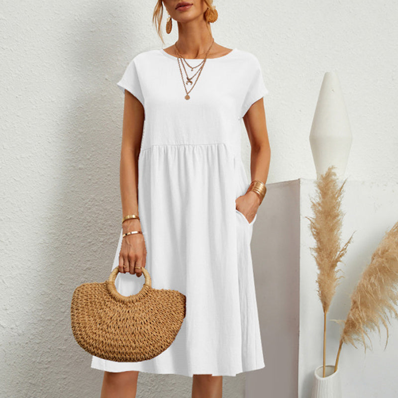 Monochrome cotton midi dress, versatile and comfy, with a classic round neck for women.