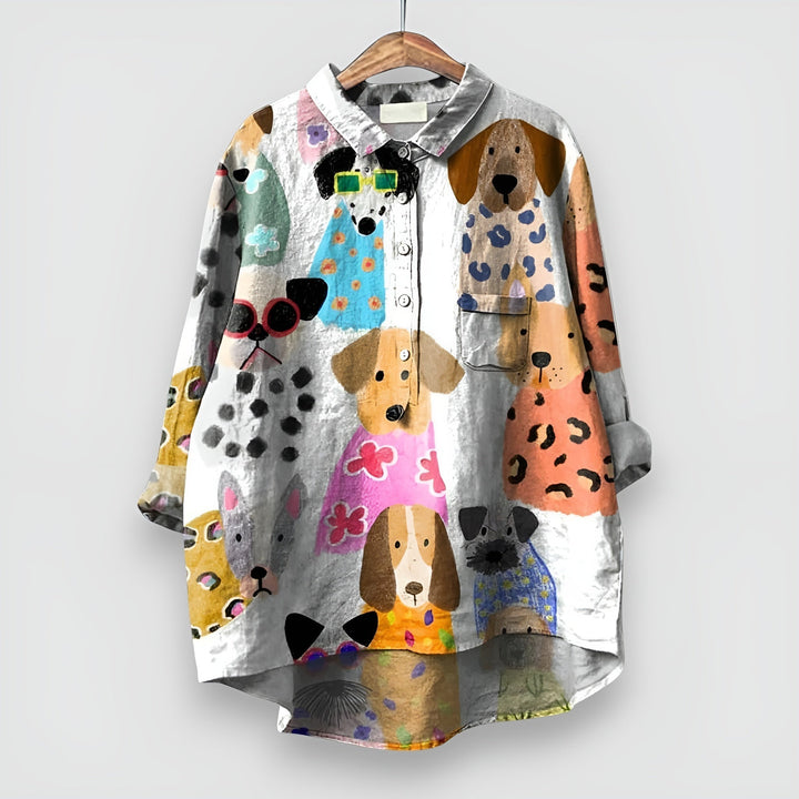 Cute dog print women's short sleeve casual top. Relaxed fit blouse, perfect for unique spring fashion.