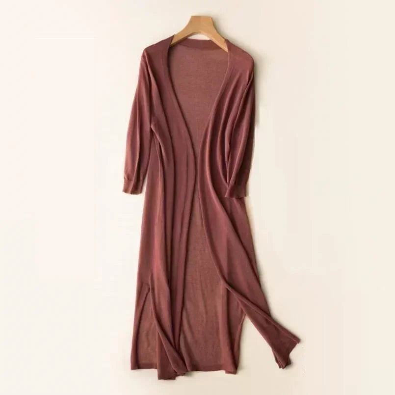 Women's casual relaxed fit longline cardigan in a soft, lightweight knit, open front style.