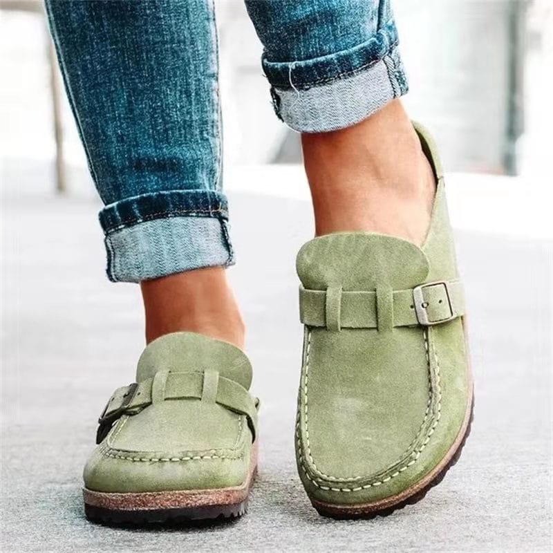 Tan women's loafers featuring a stylish buckle detail, perfect for casual summer footwear.