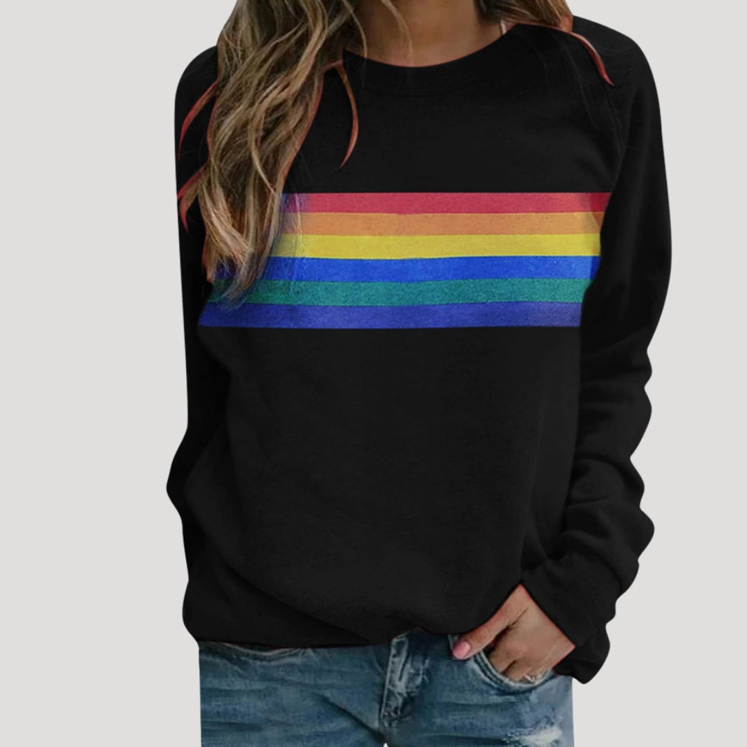 Stylish women's rainbow stripe long-sleeve sweatshirt, perfect casual wear for spring fashion