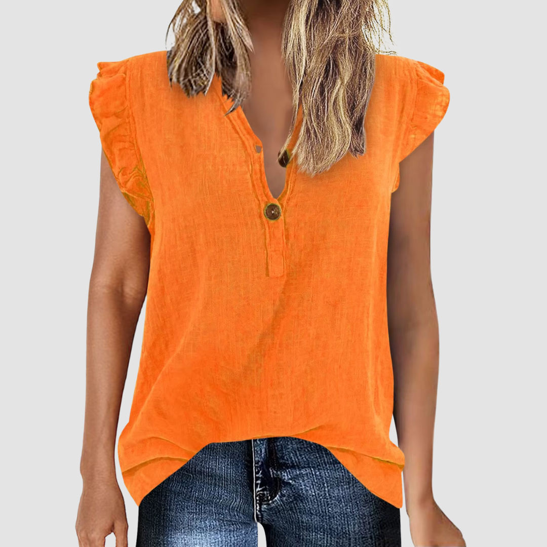 Women's casual summer blouse. Lightweight, loose-fit V-neck top with button down front & long sleeves.