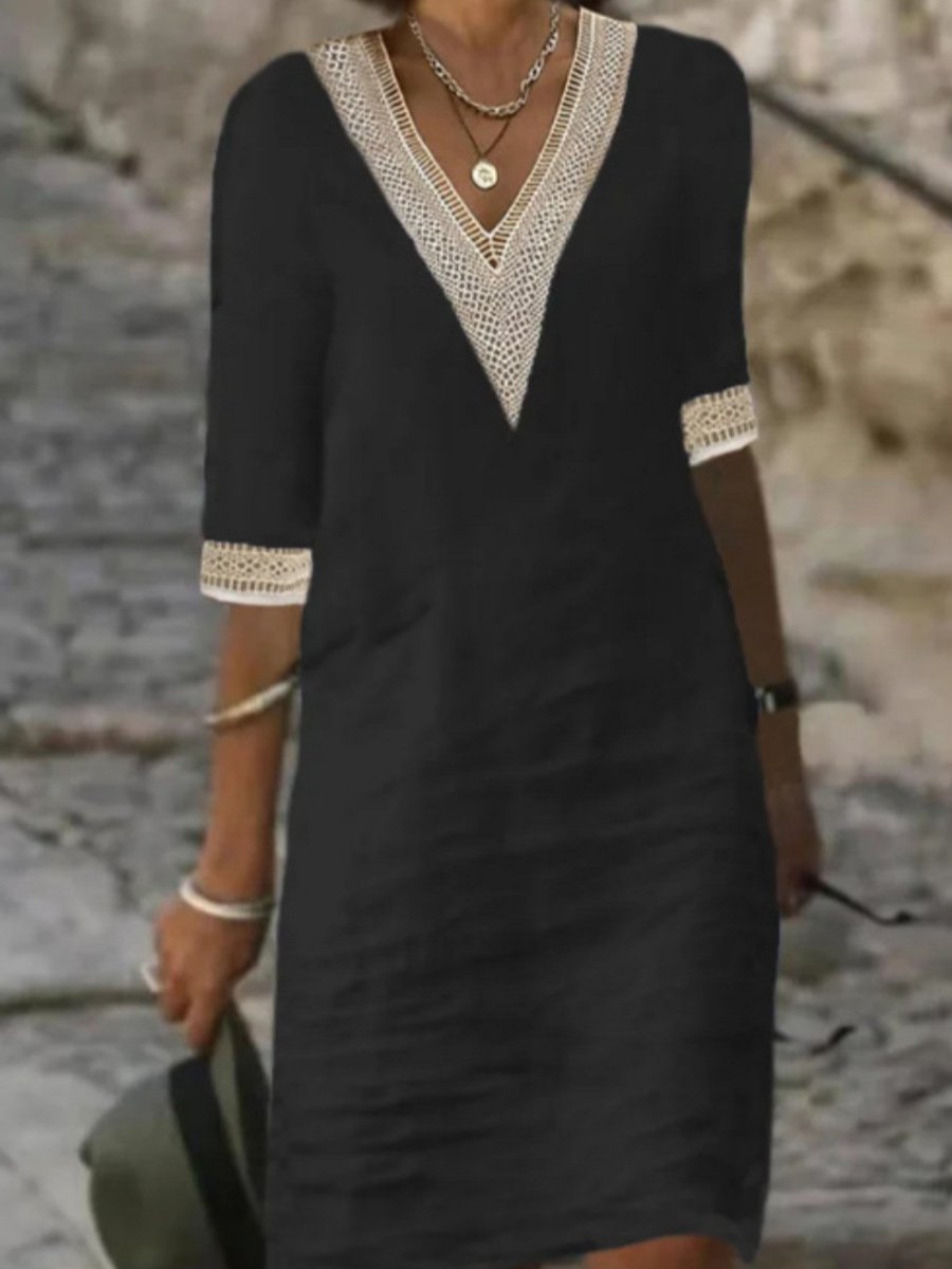 Women's casual V-neck summer dress with lace detail, 3/4 sleeves, and a relaxed knee-length fit for everyday wear.