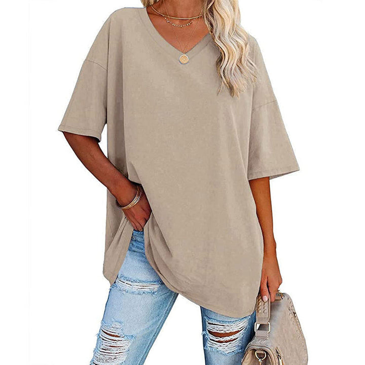Relaxed fit women's V-neck short sleeve tee, perfect for casual summer days
