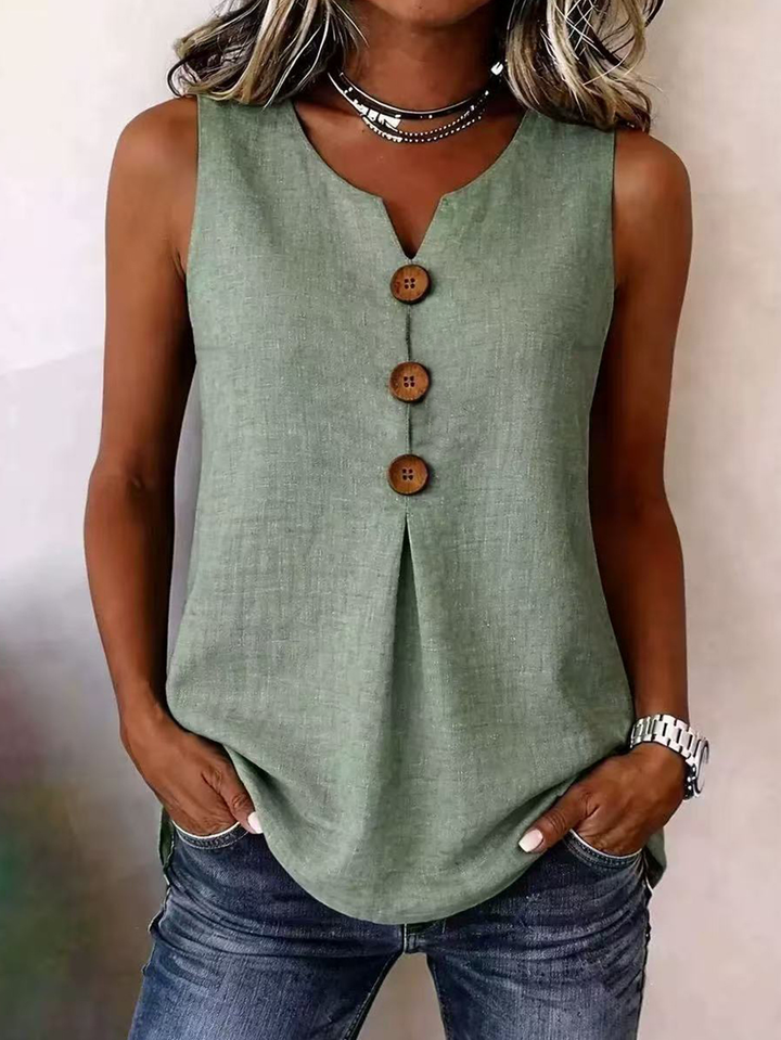 Comfy women's sleeveless blouse, V-neck, featuring a sophisticated pleated front. Casual yet elegant.
