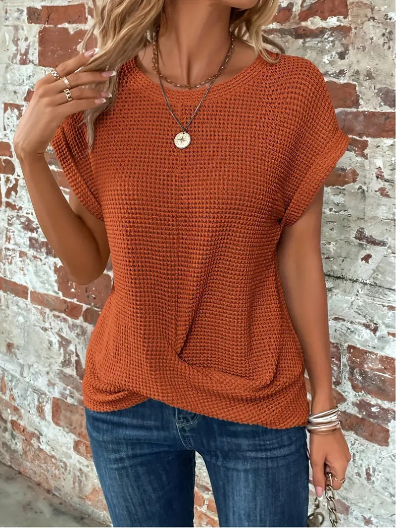 Women's casual waffle knit short sleeve top, round neck, soft texture for everyday comfort.