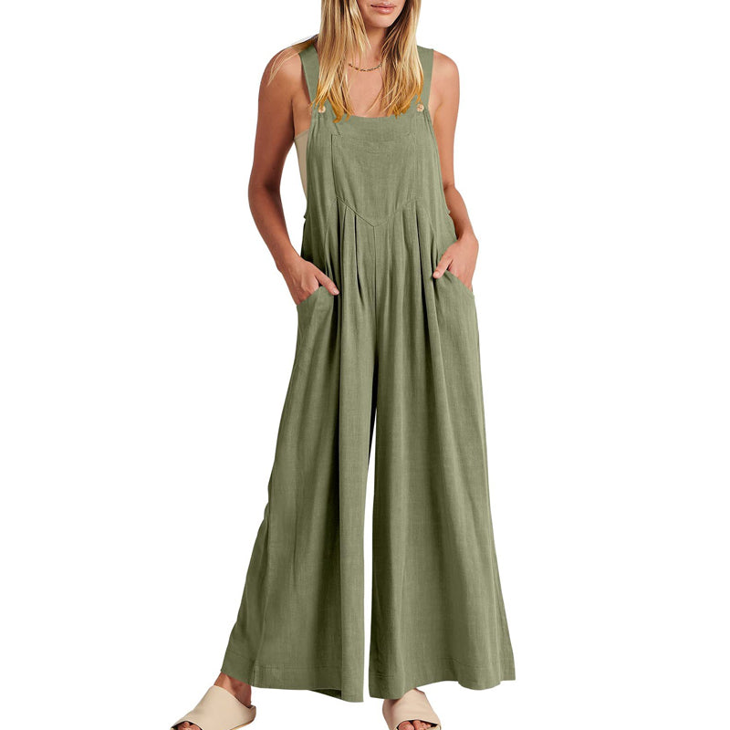 Black one-piece wide leg sleeveless jumpsuit for women, a summer wardrobe essential.