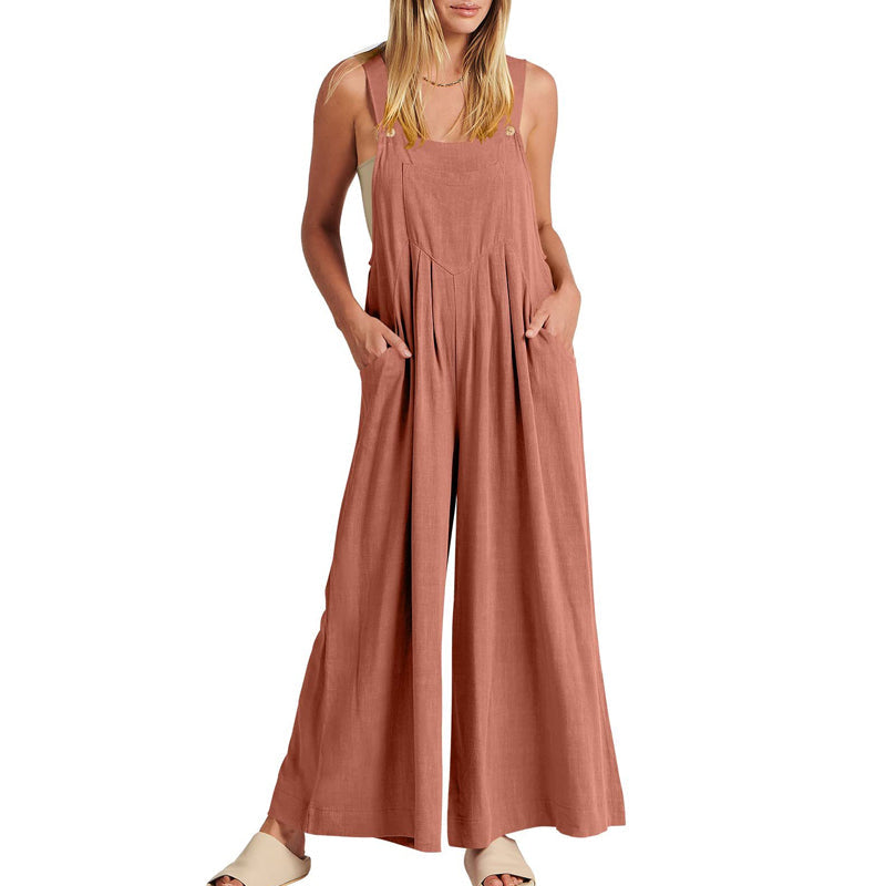 Sleeveless polyester jumpsuit for women, black, with a trendy wide leg design.