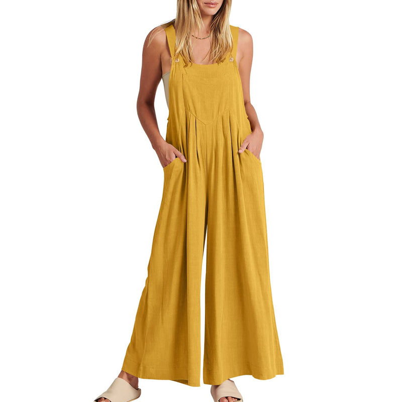 Casual black wide leg jumpsuit, women's sleeveless style, perfect for warm weather.