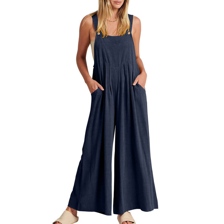 Women's casual wide leg jumpsuit, black, sleeveless, showcasing summer fashion.