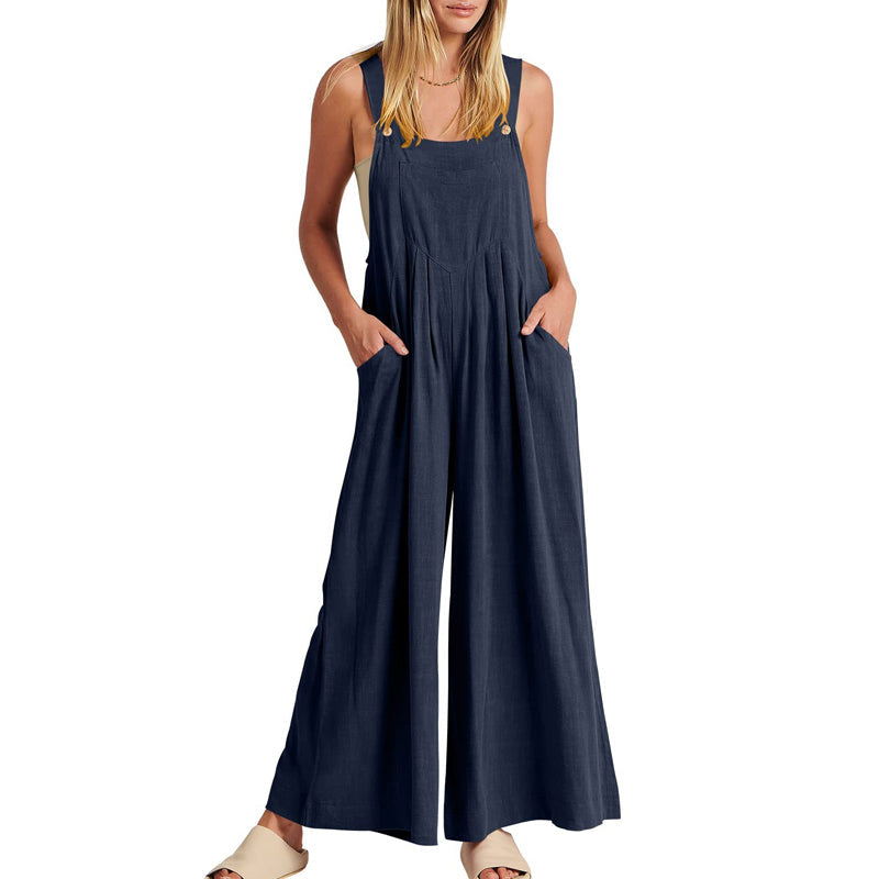 Close-up of the fabric detail on a black polyester wide leg sleeveless jumpsuit for women.