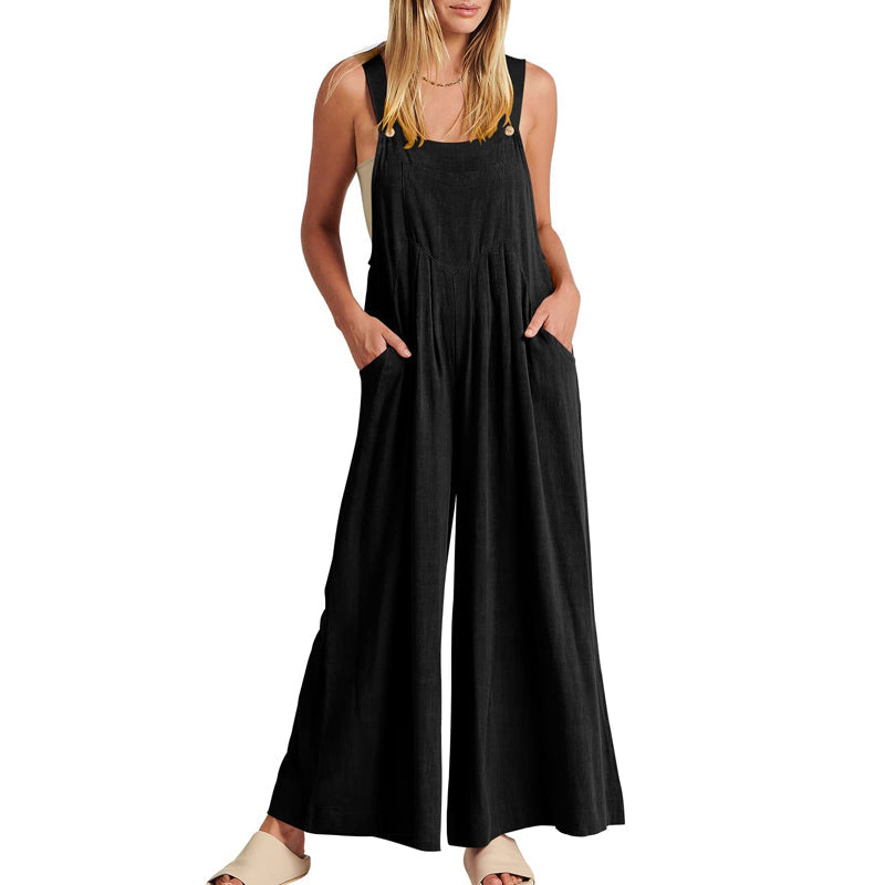 Back view of a women's black sleeveless wide leg jumpsuit, casual and comfortable.