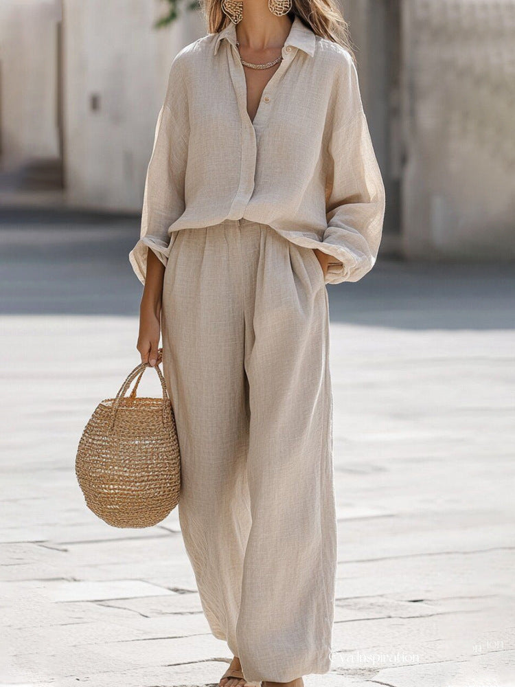 Relaxed fit women's blouse & pant set, comfortable for everyday wear or travel.