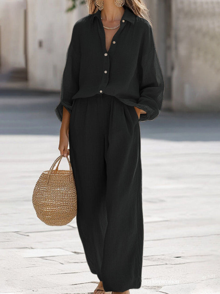 Stylish women's blouse and pants set, perfect summer style for travel and vacation wear.