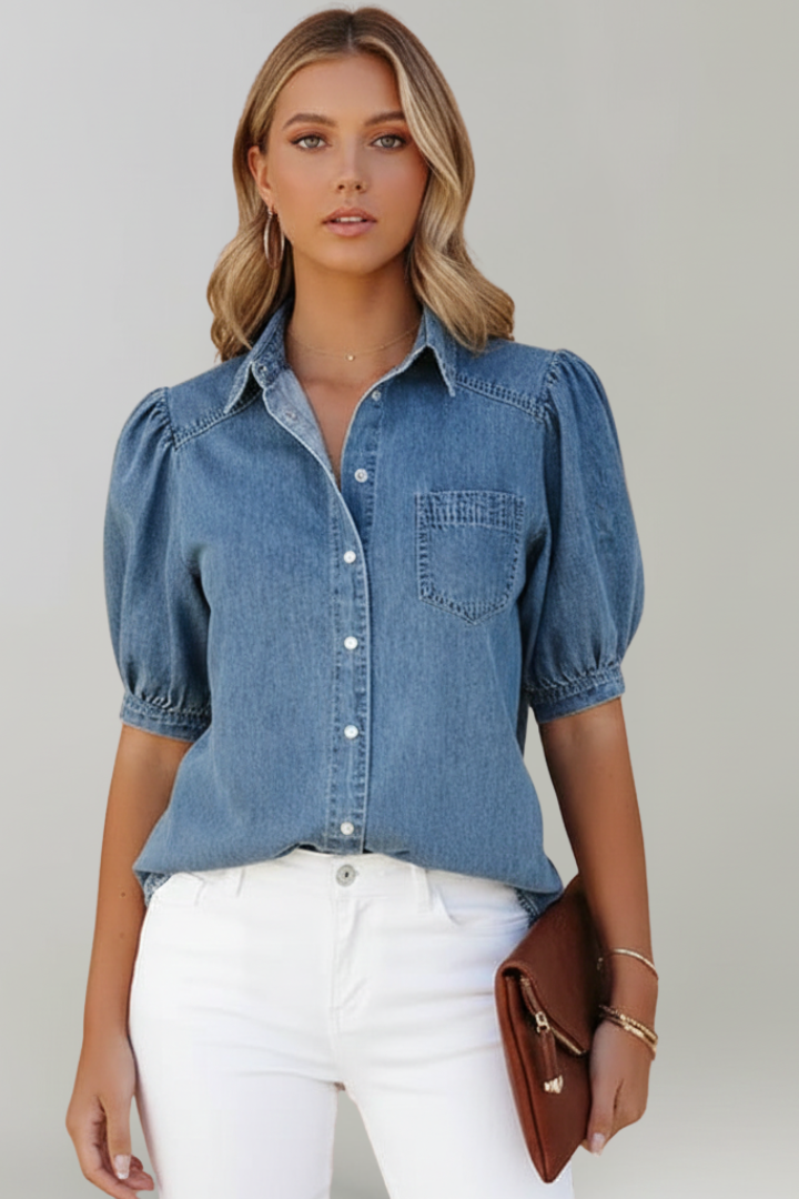 Casual women's fashion shirt: a blue puff sleeve blouse with button-down front and comfortable fit.