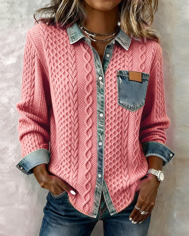 Dark gray women's cable pattern button front blouse, long sleeve, collared, elegant.