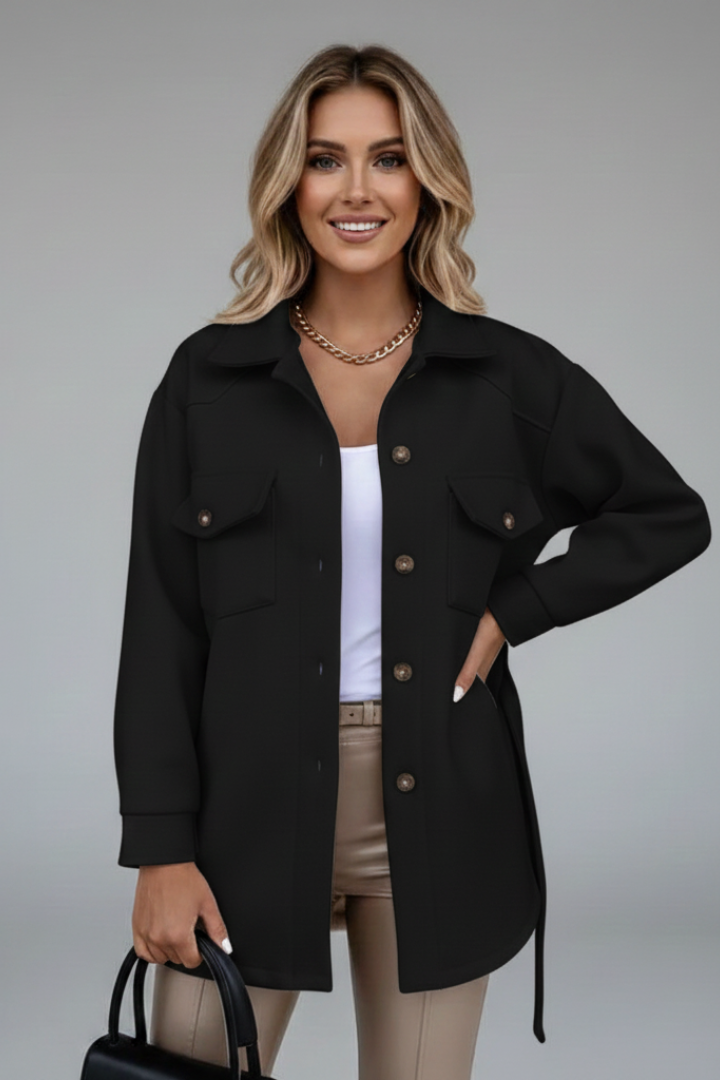 Detailed view: Women's chic collared shirt jacket. Straight cut, button details, versatile fashion.