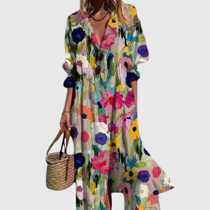 Elegant women's floral midi dress, a chic choice for evening, summer, or vacation resort wear.